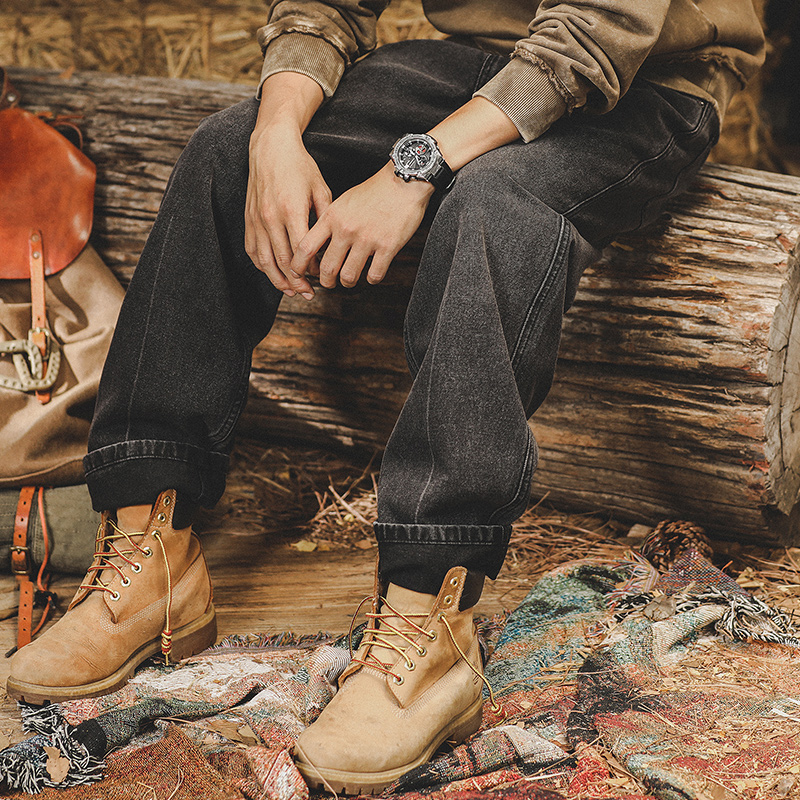 美式重磅經典黑色牛仔褲男直筒寬鬆大碼春裝簡約休閒長褲子男春季