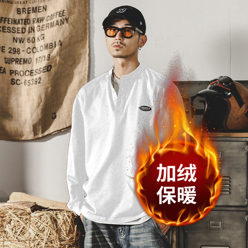 美式經典復古純棉280g重磅T恤男長袖春季潮牌英倫亨利領POLO衫男