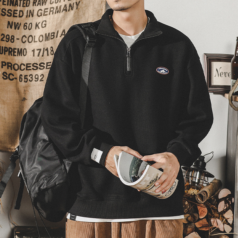 美式亨利領衛衣男士2023年新款ins潮牌320g重磅半拉鍊Polo男長袖