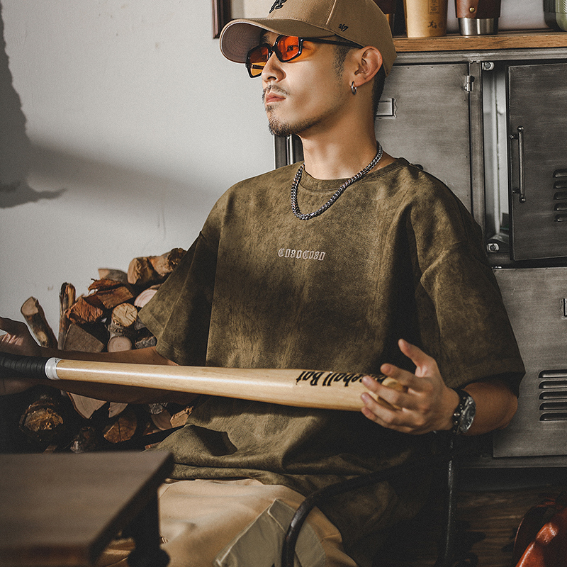 美式復古重磅t恤男短袖男士夏季寬鬆潮牌麂皮絨做舊垂感半袖體恤