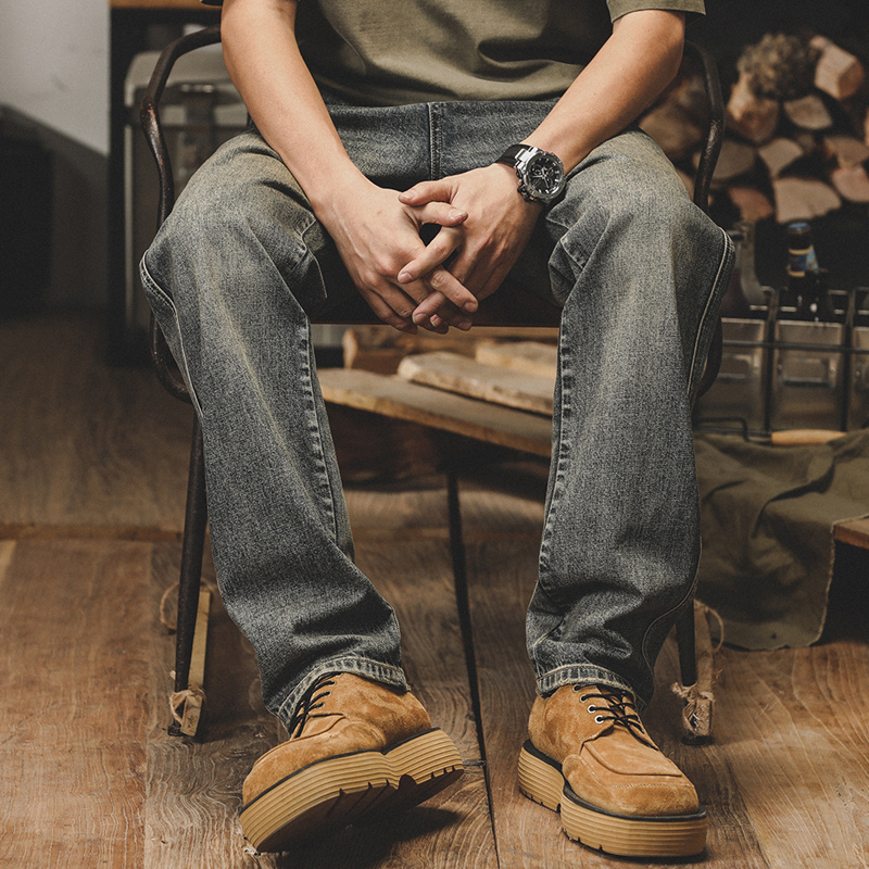 美式經典復古牛仔褲男寬鬆直筒黃泥染做舊褲子男春秋款潮牌