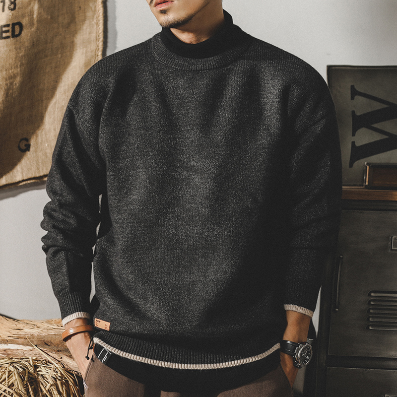 美式經典復古毛衣男冬季假兩件撞色寬鬆大碼男裝簡約內搭針織衫男