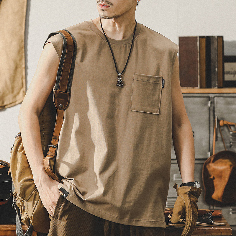 杰雷諾美式復古背心男夏季純棉潮牌砍袖T恤寬鬆運動健身肩寬上衣