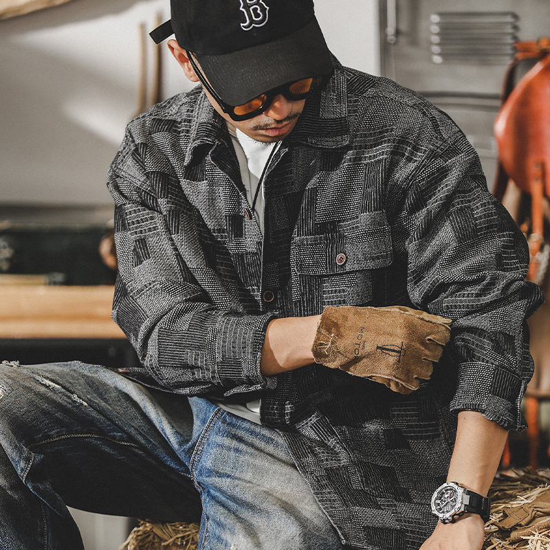 美式重磅復古長袖襯衫男春季寬鬆2023年新款潮流休閒拼色襯衣外套