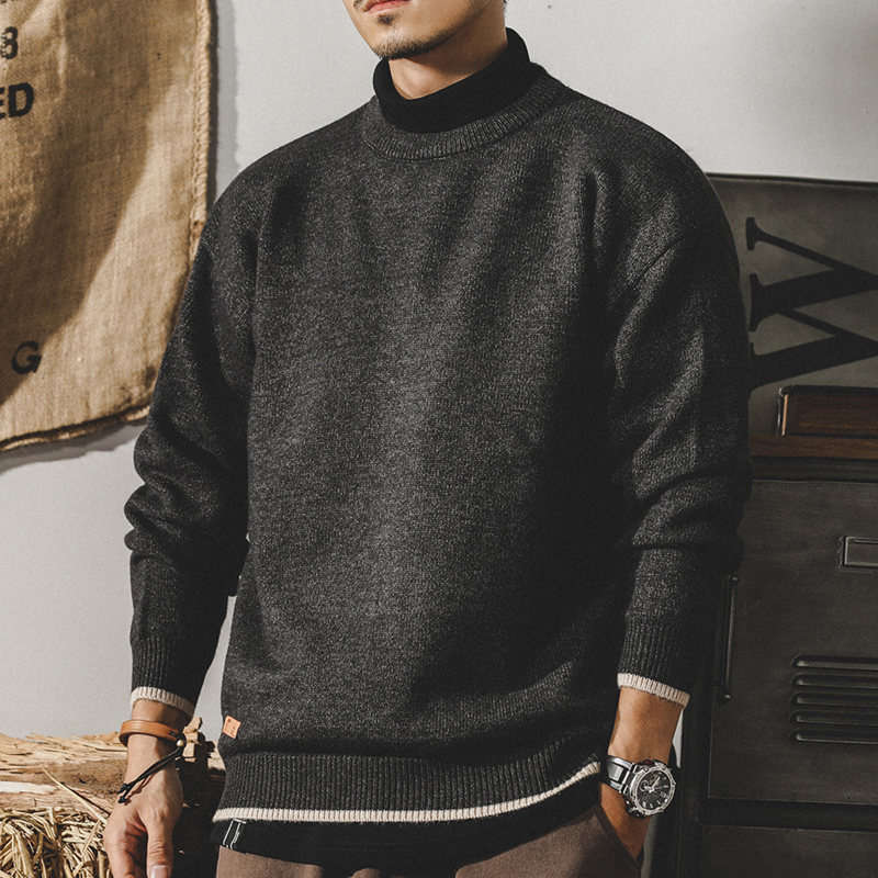 美式經典復古毛衣男冬季假兩件撞色寬鬆大碼男裝簡約內搭針織衫男