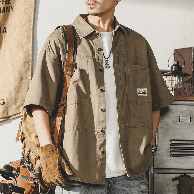 杰雷諾美式工裝襯衫男短袖2023年新款夏季寬鬆大碼休閒襯衣外套男