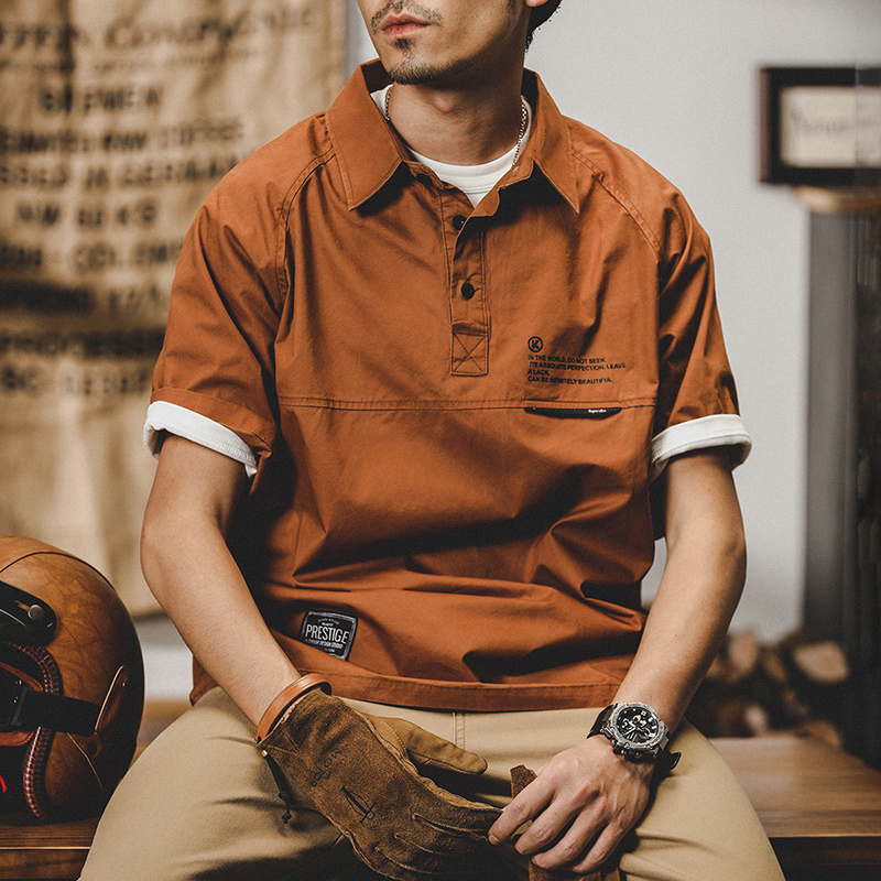 美式薄款工裝翻領短袖T恤男夏季ins潮牌POLO衫男寬鬆大碼半袖上衣