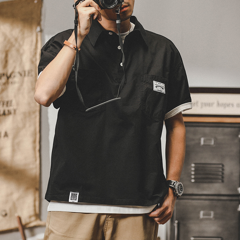 美式短袖t恤男寬鬆夏季2023年新款工裝襯衫領常春藤半袖POLO衫男