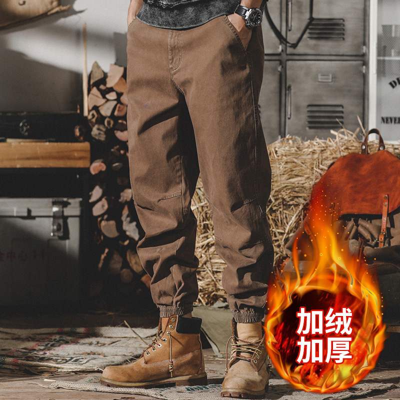 美式復古重磅簡約經典休閒褲男春季潮牌寬鬆大碼束腳褲工裝褲子男