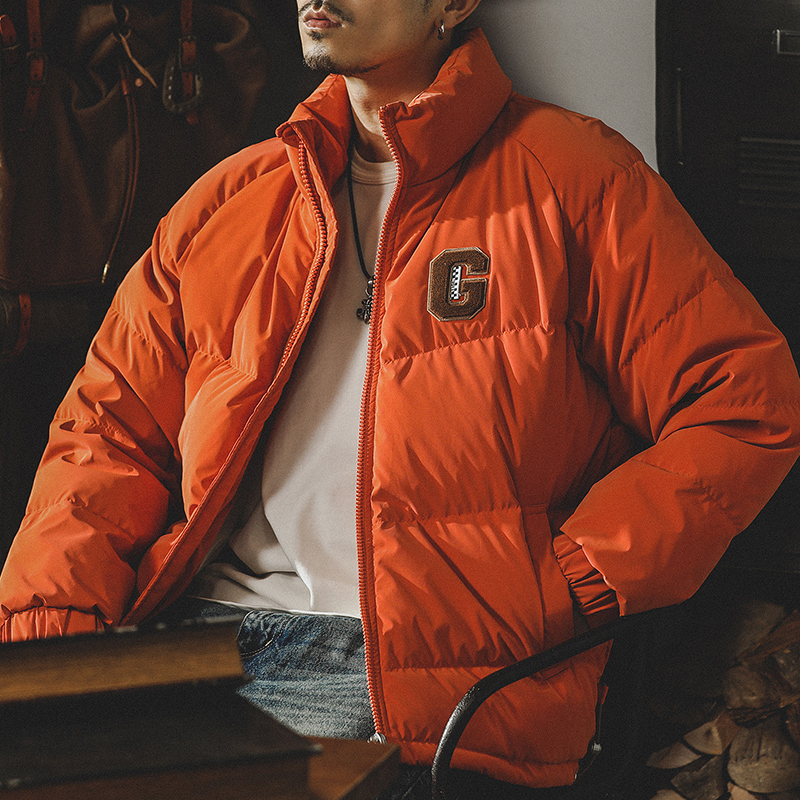 90白鴨絨PU革輕薄橘色羽絨服男冬季2022年新款男士保暖外套