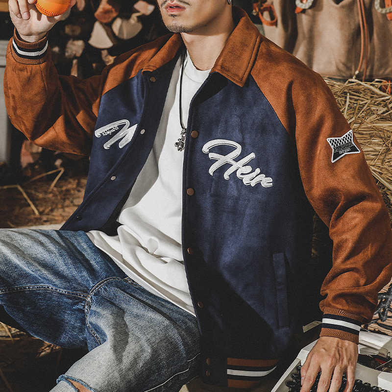 美式重磅經典復古麂皮絨棒球服外套男春秋寬鬆高街潮牌夾克男春季