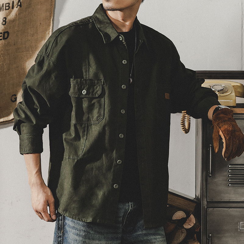 美式重磅復古工裝襯衫男長袖寬鬆硬漢獵裝襯衣男春季教練夾克外套