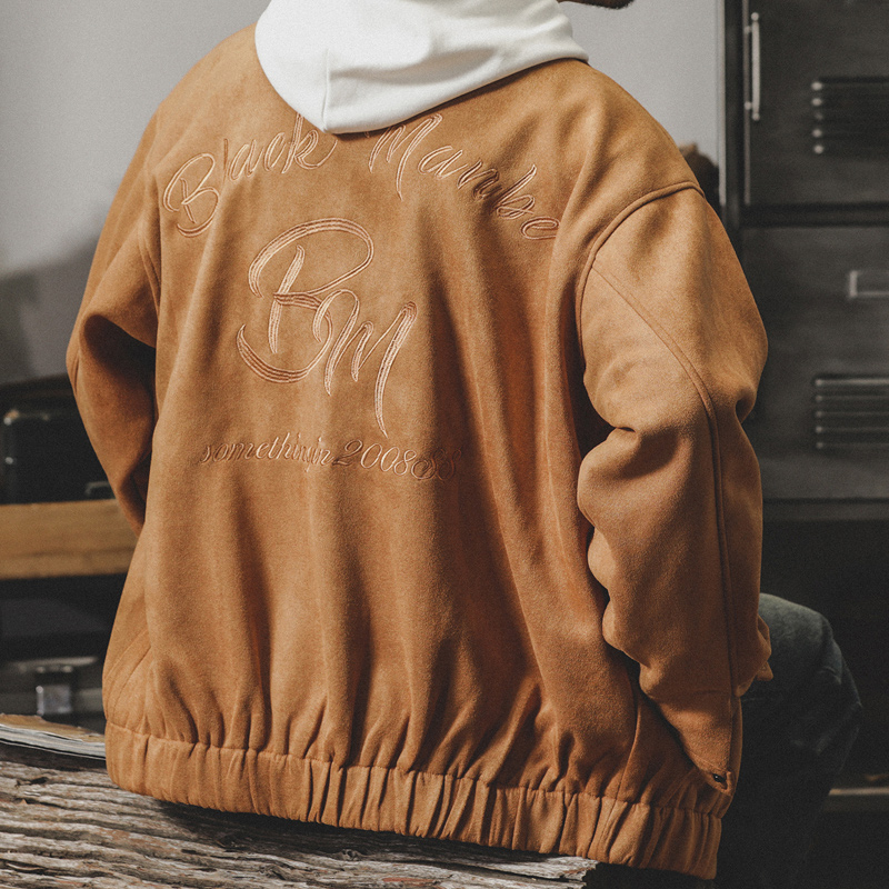 美式480g重磅麂皮絨棒球服外套男春秋飛行員翻領復古教練夾克春季