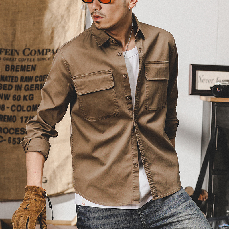 美式重磅復古工裝襯衫男長袖寬鬆硬漢獵裝男士休閒襯衣男春季外套