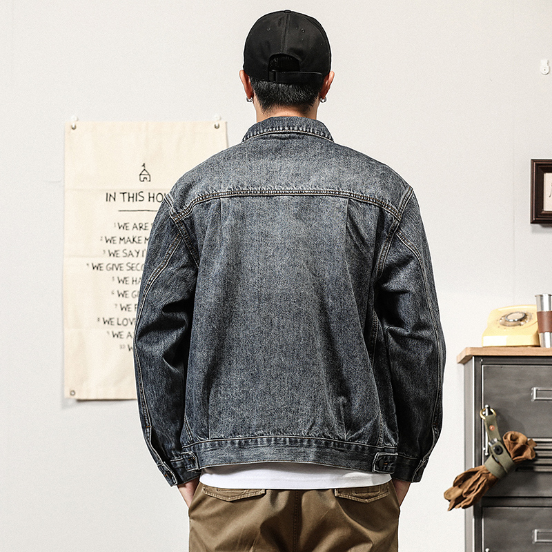 美式休閒復古水洗工裝外套男ins潮春秋款寬鬆大碼牛仔夾克男上衣
