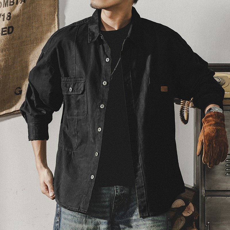 美式重磅復古工裝襯衫男長袖寬鬆硬漢獵裝襯衣男春季教練夾克外套