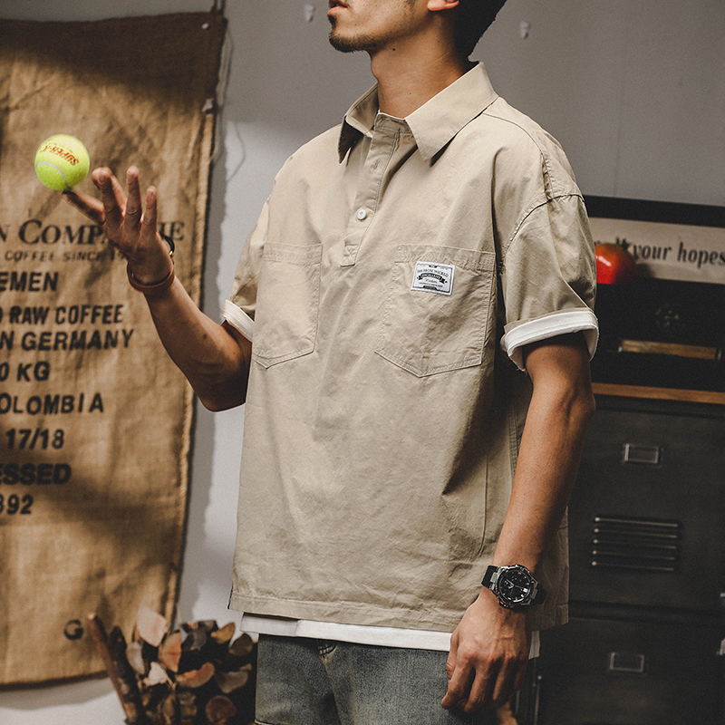 美式短袖t恤男寬鬆夏季2023年新款工裝襯衫領常春藤半袖POLO衫男