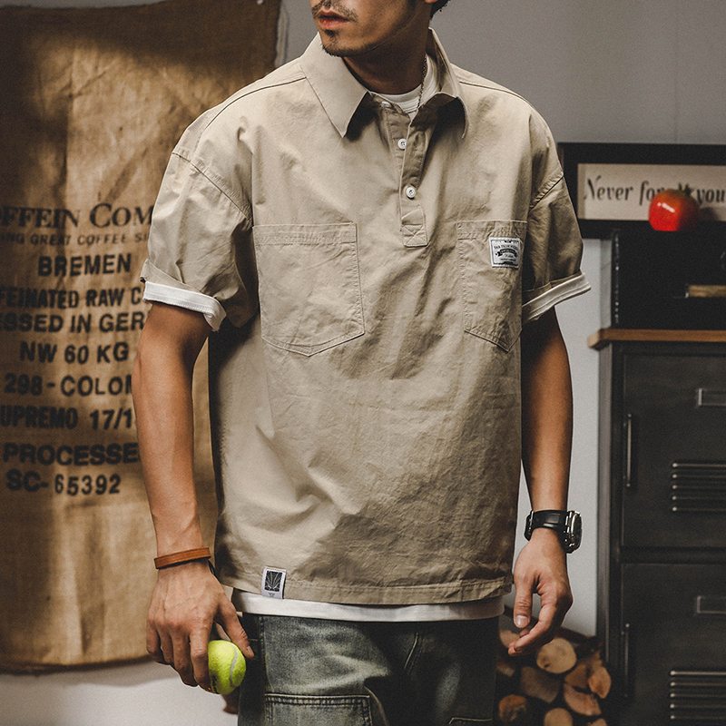 美式短袖t恤男寬鬆夏季2023年新款工裝襯衫領常春藤半袖POLO衫男