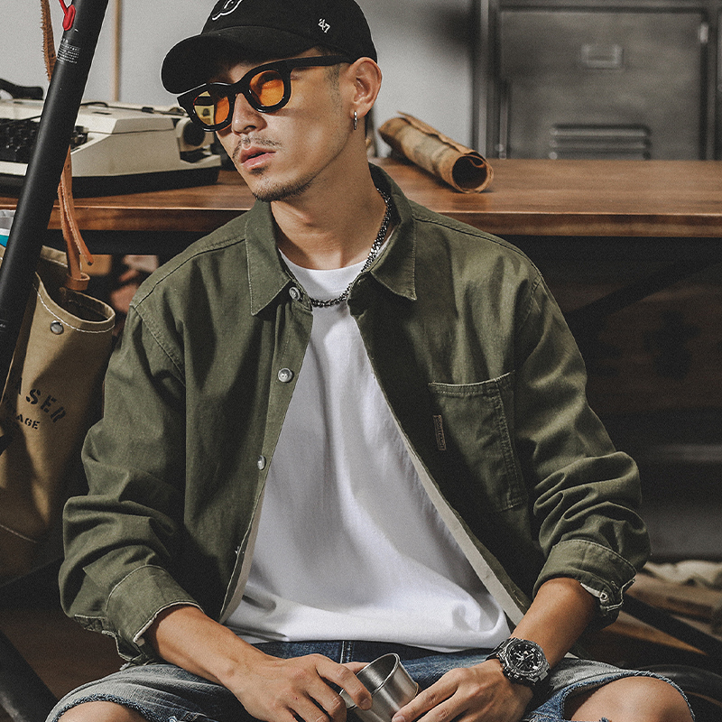 美式復古工裝襯衫男長袖2023年新款日系寬鬆大碼襯衣男春季外套男