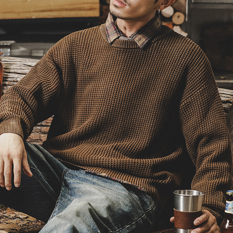 美式重磅水洗復古毛衣男冬季加厚粗線慵懶風簡約基礎穿搭針織衫男