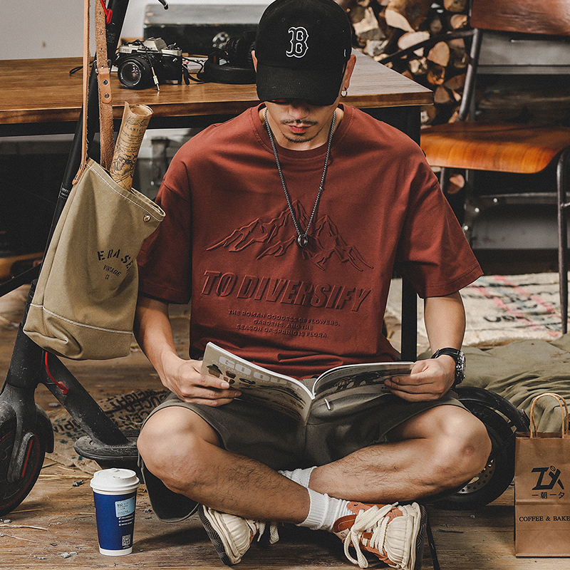 美式重磅t恤男短袖夏季潮流ins鋼印立體山系寬鬆大碼男裝純棉體恤