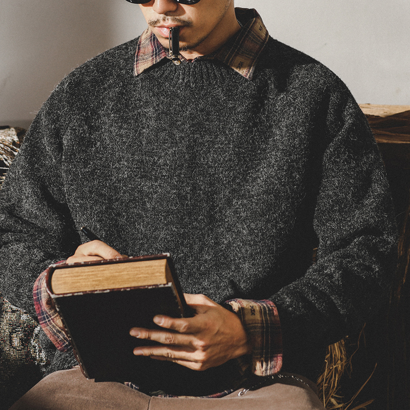 美式經典復古毛衣男冬季ins潮牌基礎簡約搭配圓領寬鬆男款針織衫