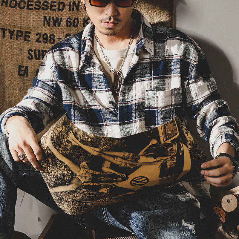 美式重磅復古格子襯衫男長袖寬鬆ins潮流日系襯衣男士春秋外套男