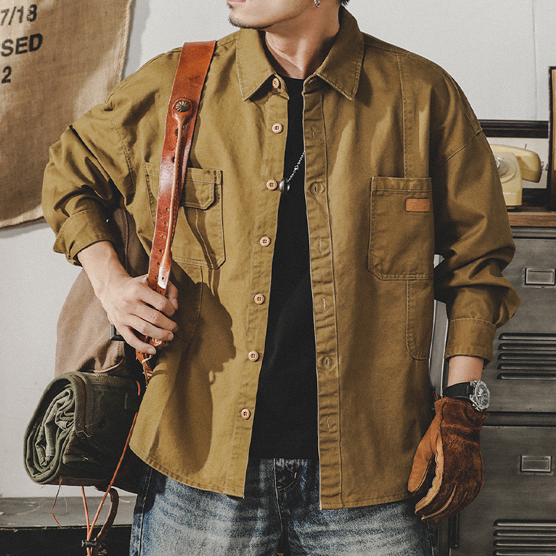 美式重磅復古工裝襯衫男長袖寬鬆硬漢獵裝襯衣男春季教練夾克外套