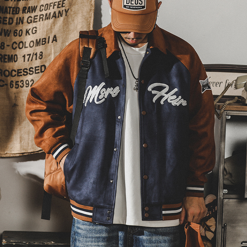 美式重磅經典復古麂皮絨棒球服外套男春秋寬鬆高街潮牌夾克男春季
