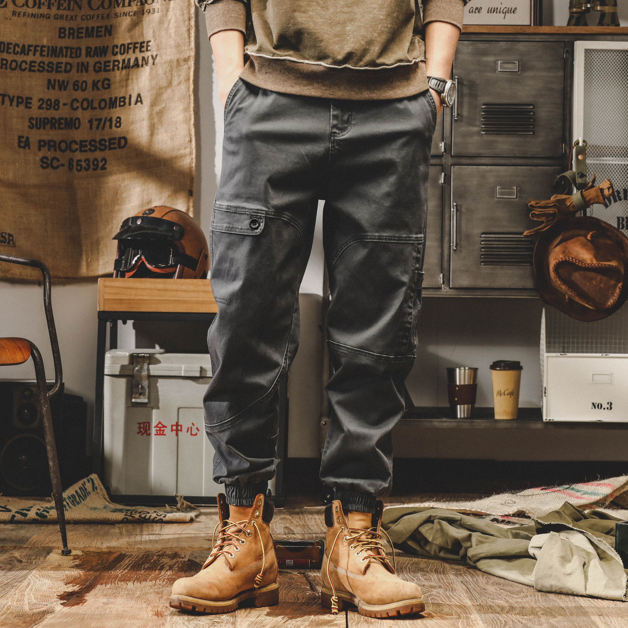 美式工裝褲子男春季寬鬆直筒黑色男士休閒褲春秋款大碼闊腿哈倫褲