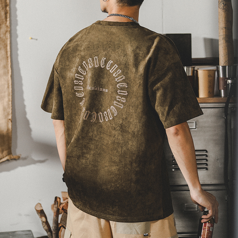 美式復古重磅t恤男短袖男士夏季寬鬆潮牌麂皮絨做舊垂感半袖體恤