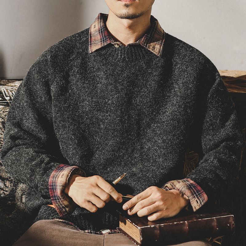 美式經典復古毛衣男冬季ins潮牌基礎簡約搭配圓領寬鬆男款針織衫