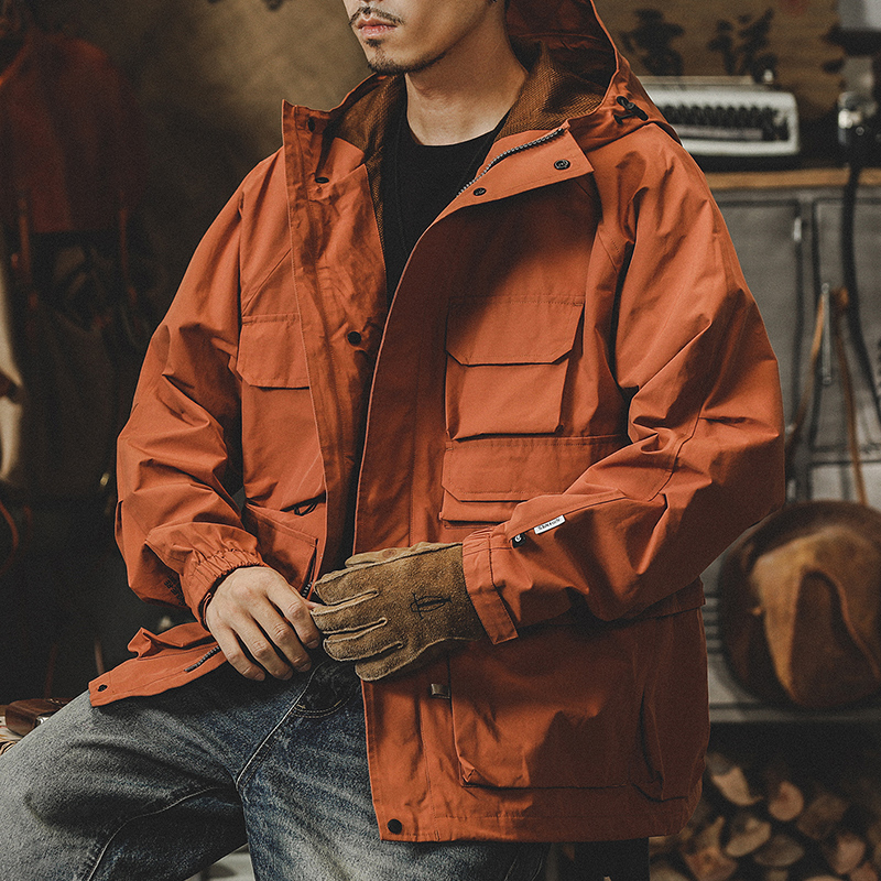 美式山系戶外機能外套男秋冬連帽多功能釣魚工裝衝鋒衣休閒夾克男