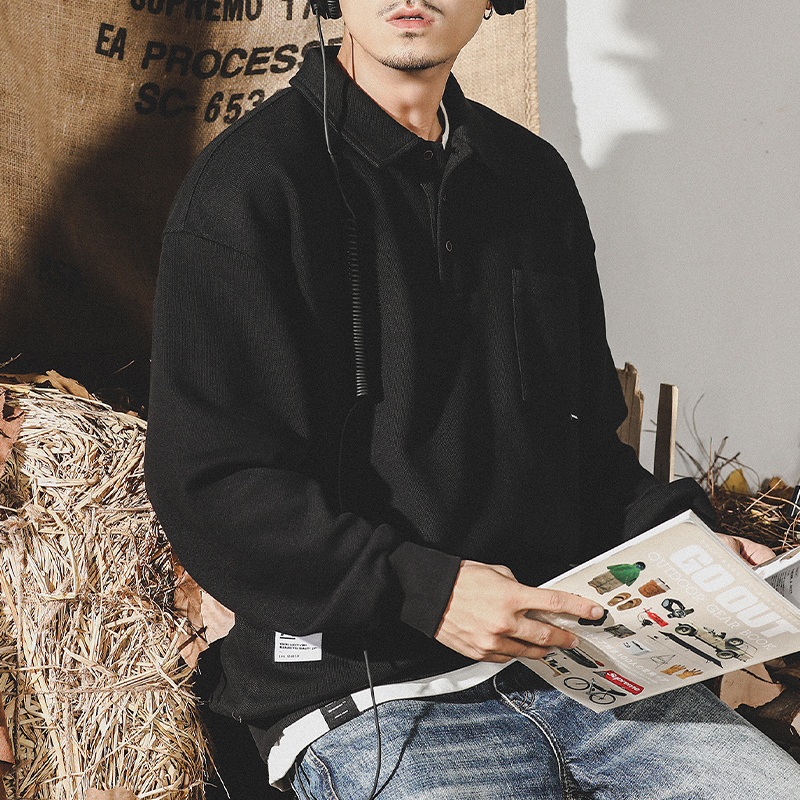 美式320g重磅POLO衫男春季简约风ins潮牌宽松翻领纯棉男士长袖T恤