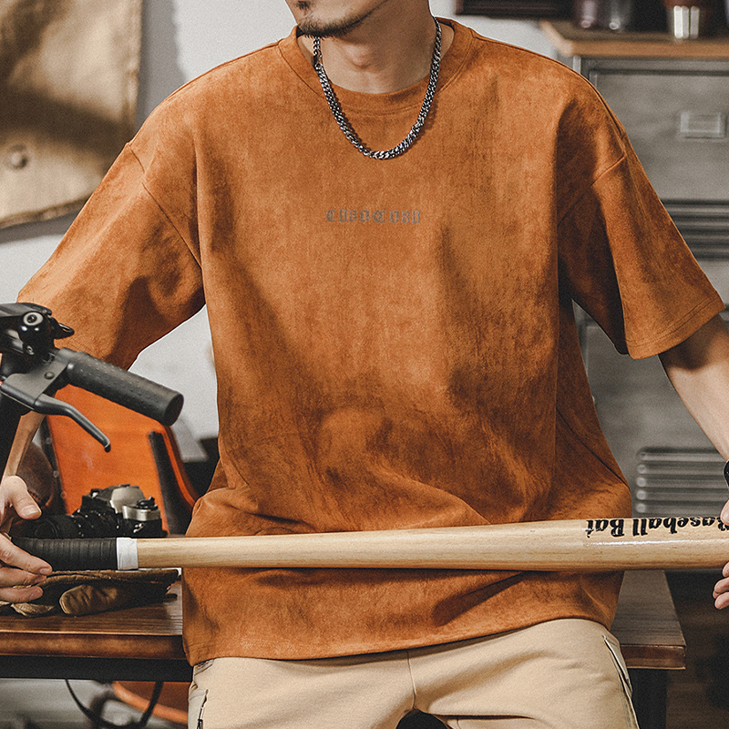 美式復古重磅t恤男短袖男士夏季寬鬆潮牌麂皮絨做舊垂感半袖體恤