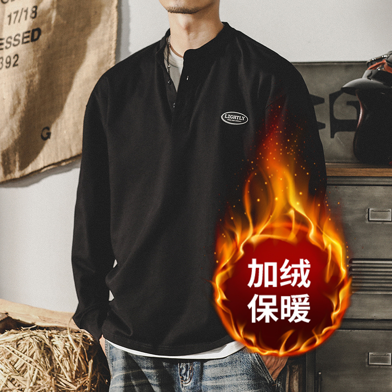 美式經典復古純棉280g重磅T恤男長袖春季潮牌英倫亨利領POLO衫男