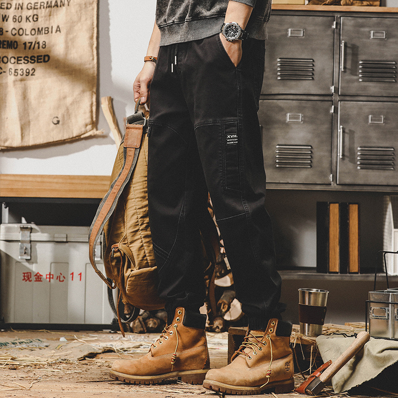 美式重磅春季褲子男寬鬆直筒2023年新款男士休閒褲春秋束腳工裝褲