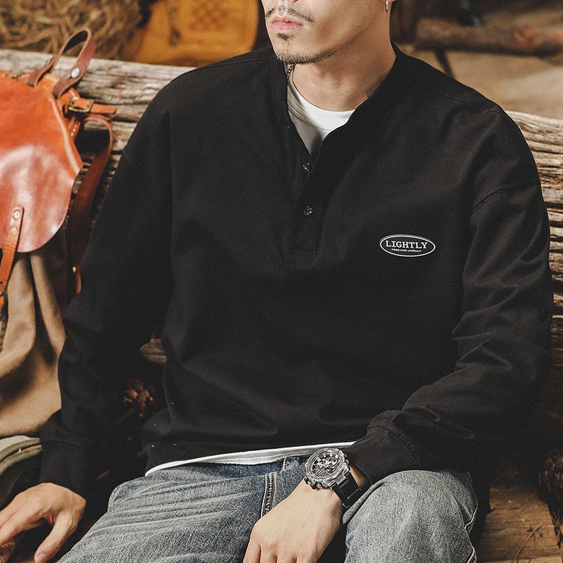 美式經典復古純棉280g重磅T恤男長袖春季潮牌英倫亨利領POLO衫男