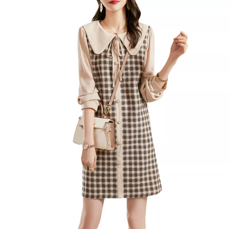 Straight Long Sleeve Check Dress