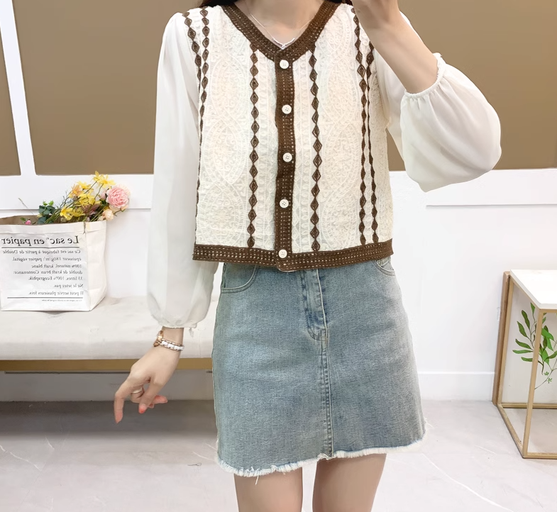 French Vintage Embroidered Long Sleeve Shirt