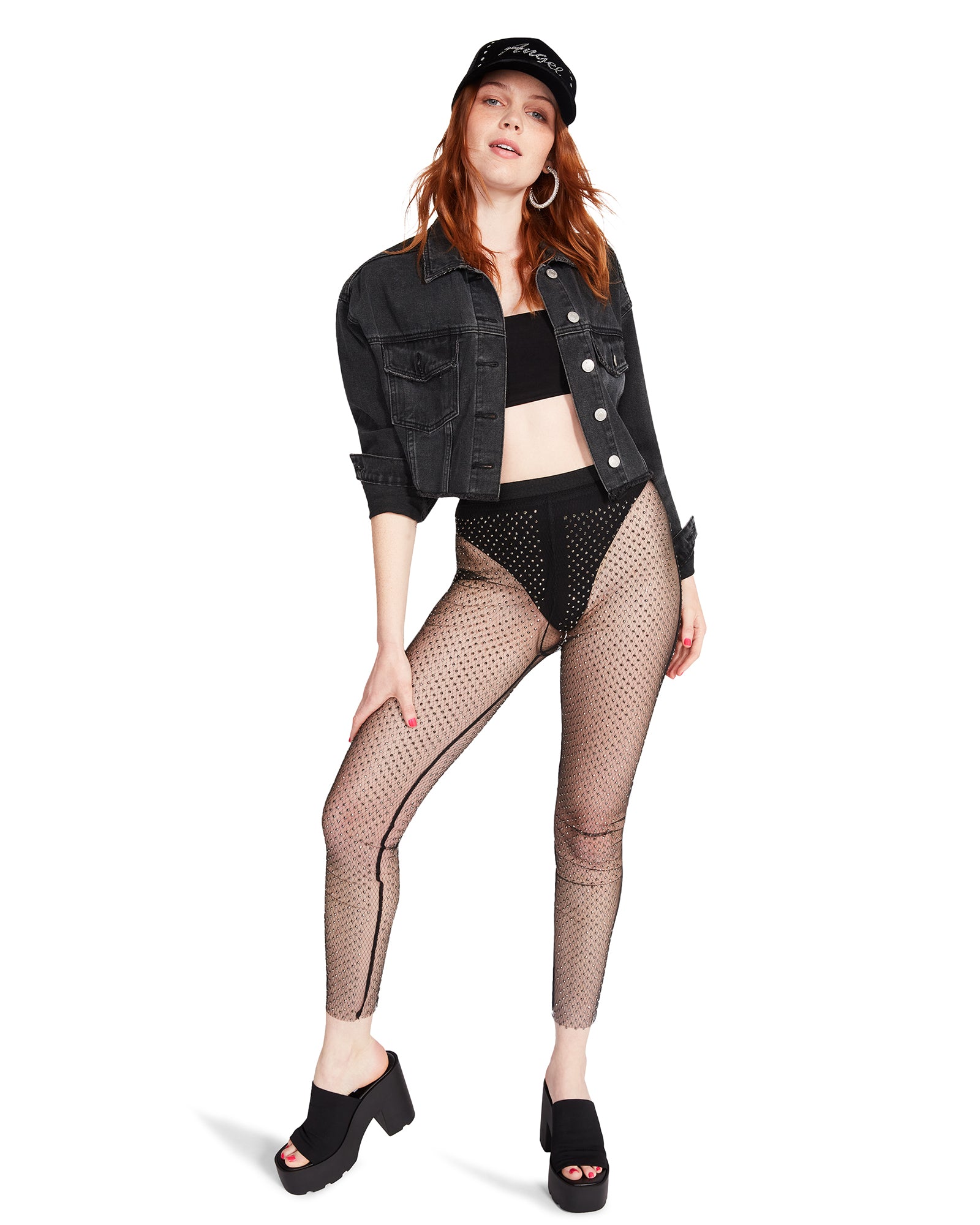 MESH RHINESTONE PANTS BLACK