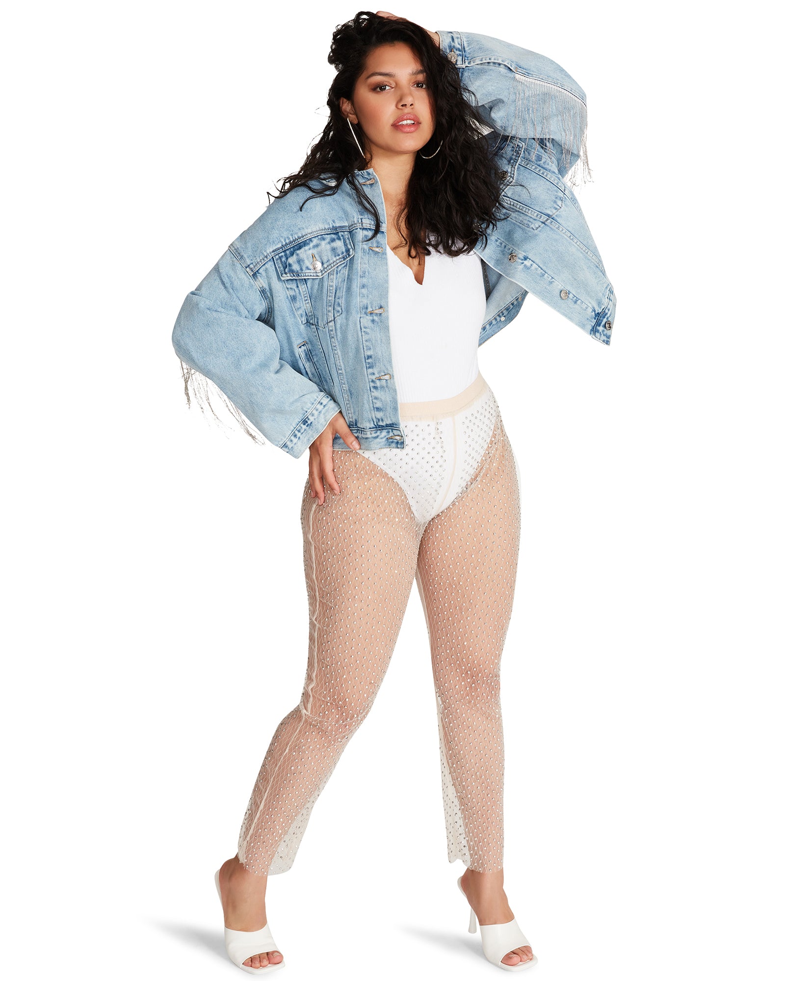 MESH RHINESTONE PANTS IVORY