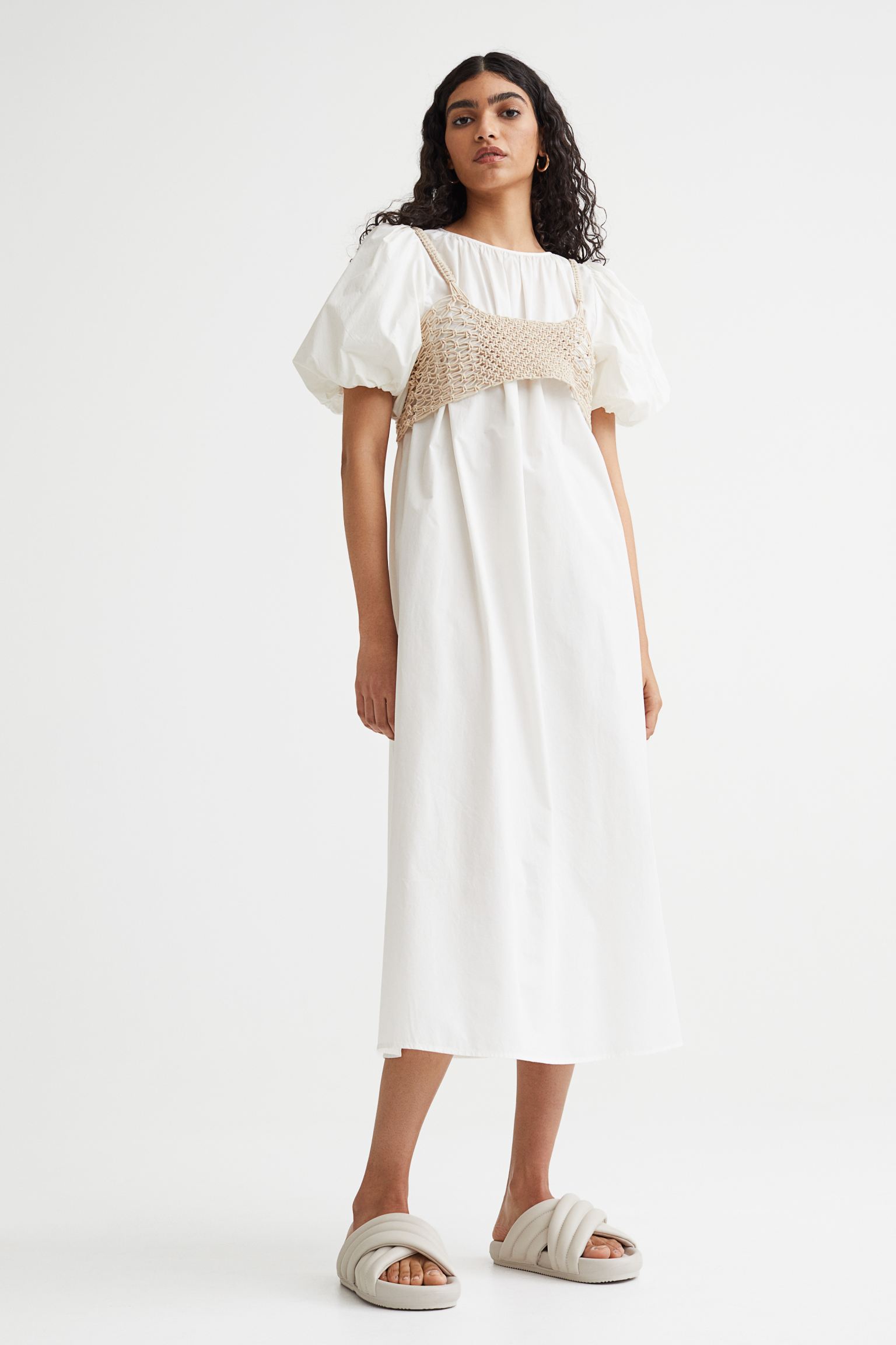 Cotton poplin dress with knitted top