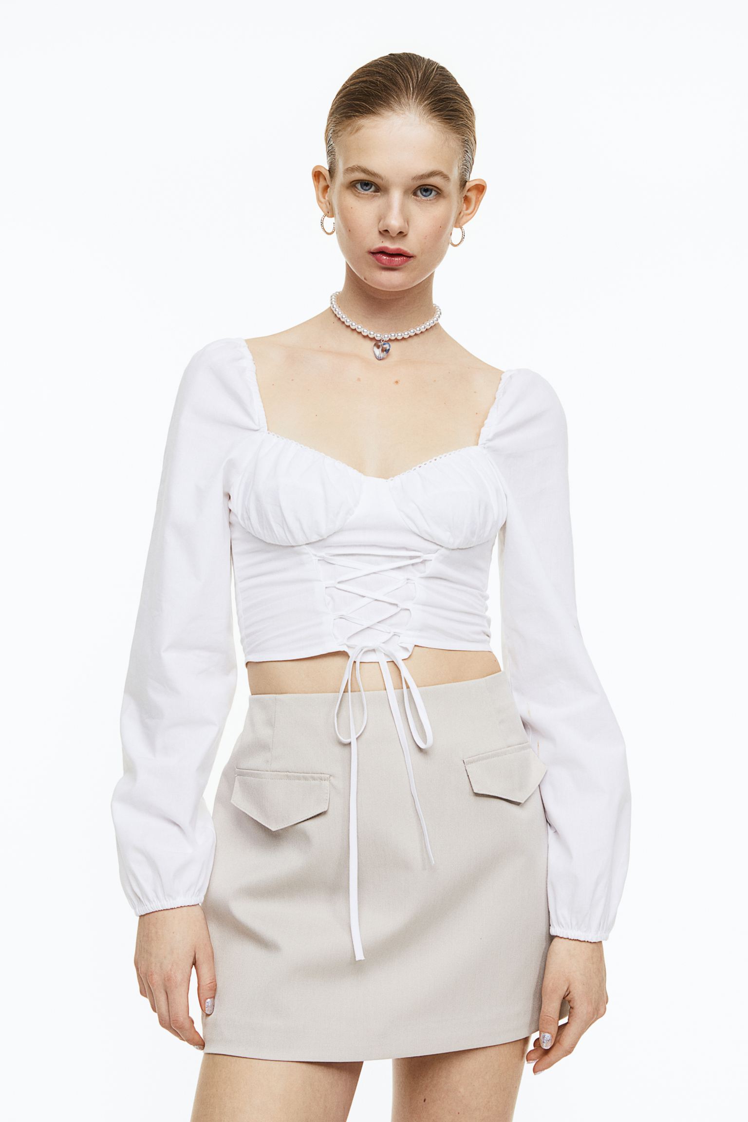 Lace-up cotton-poplin blouse