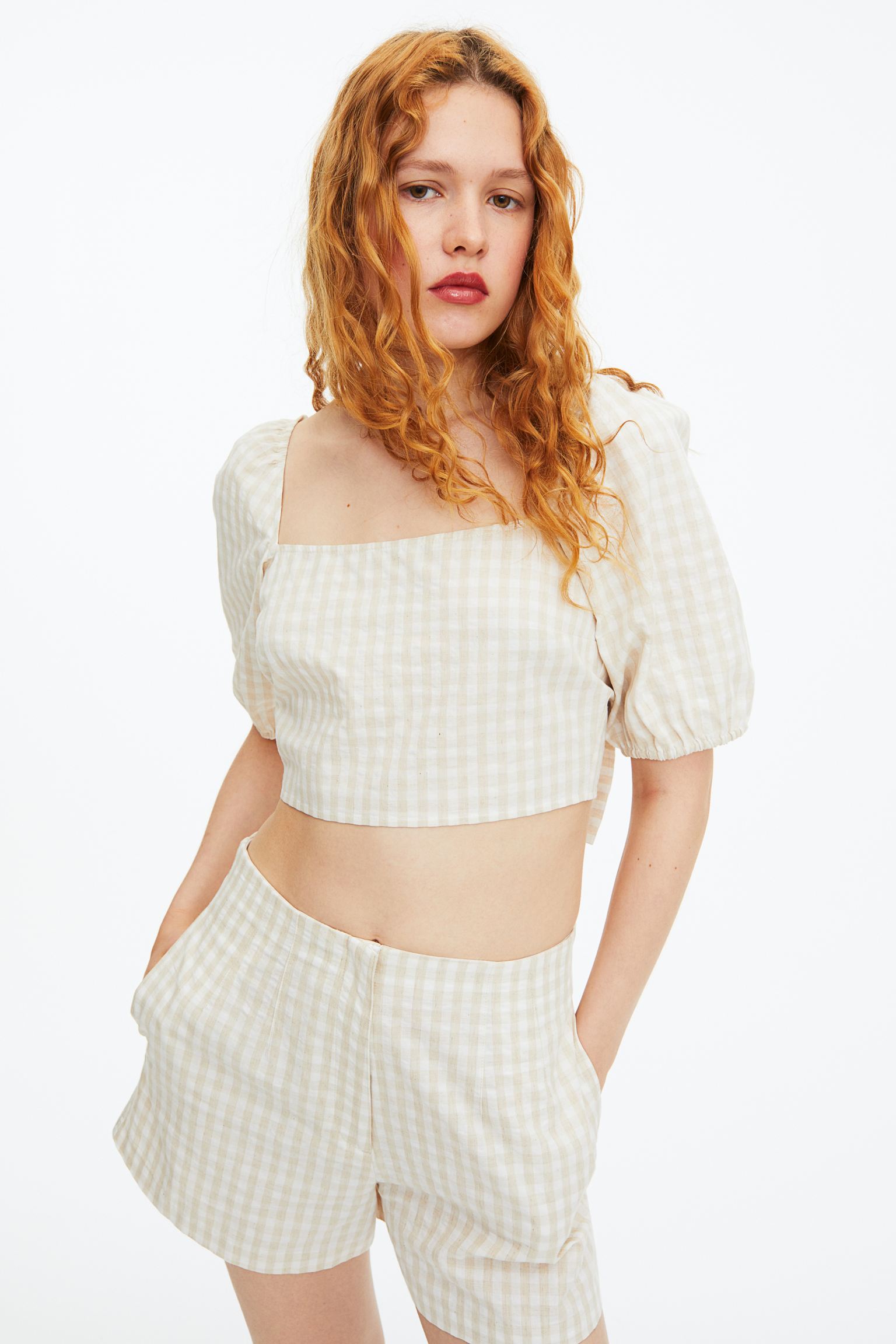 Plaid cropped linen-blend blouse
