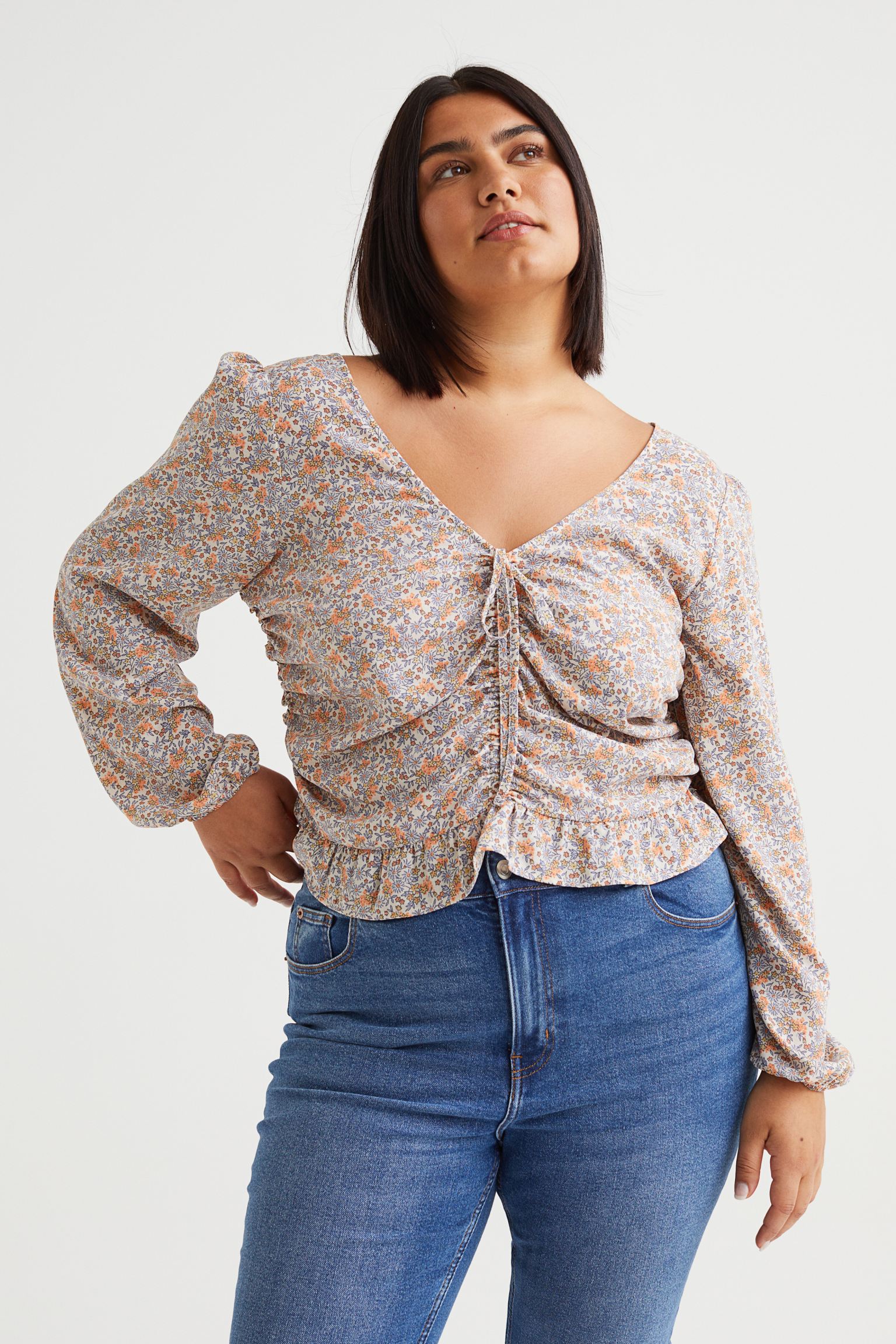 Orange flowers printed draped blouse