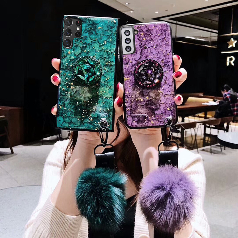Marble Diamond Stand with Fur Ball Case for Samsung