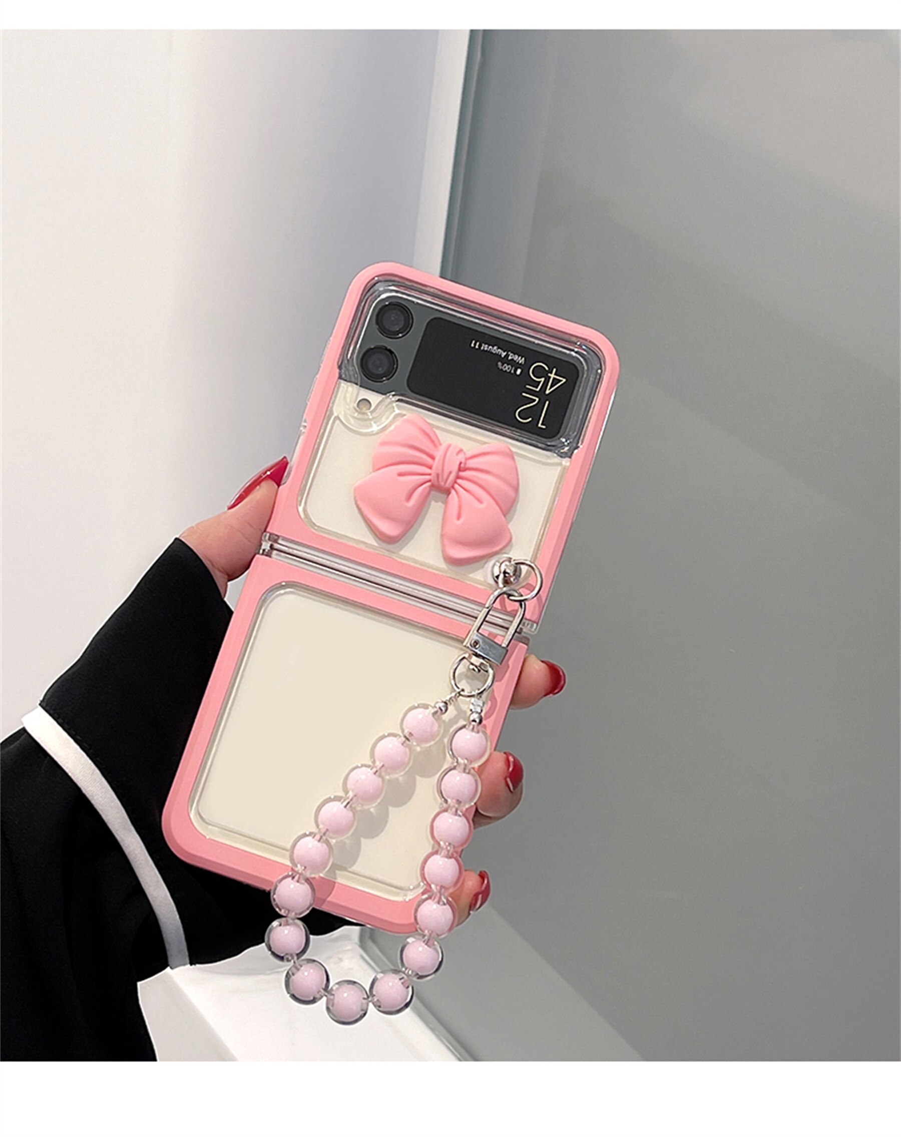 Samsung Galaxy Z Flip Clear Pink 3D Love Beads Wrist Bracelet Cover