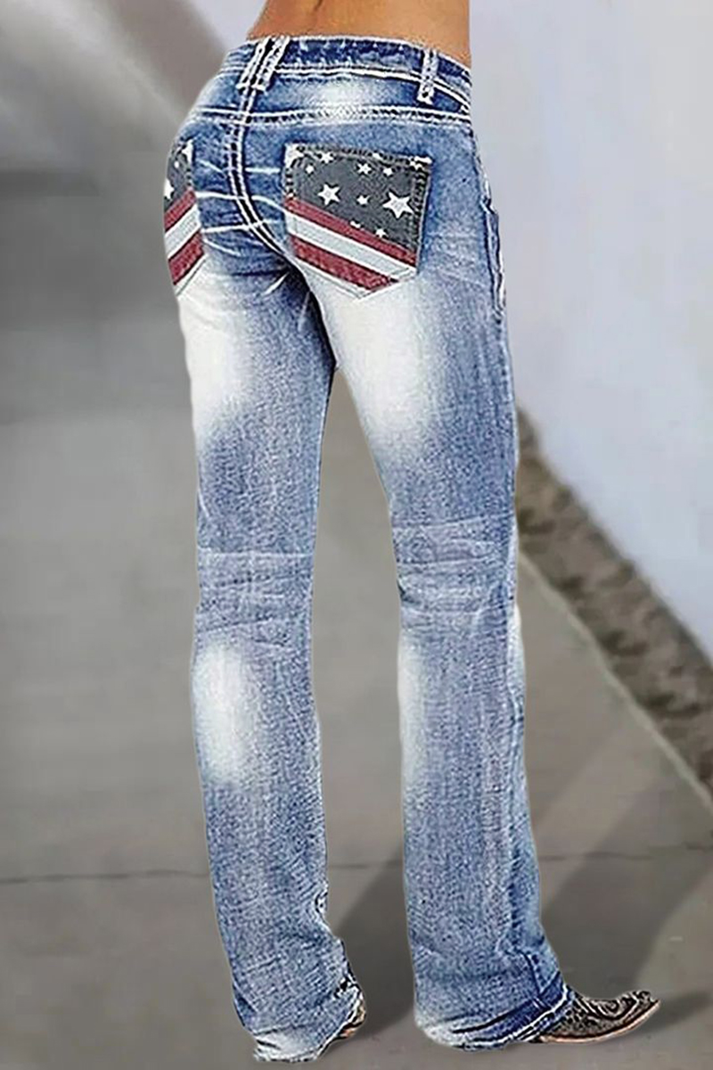American Flag Pattern Washed Low Waist Bootcut Jeans