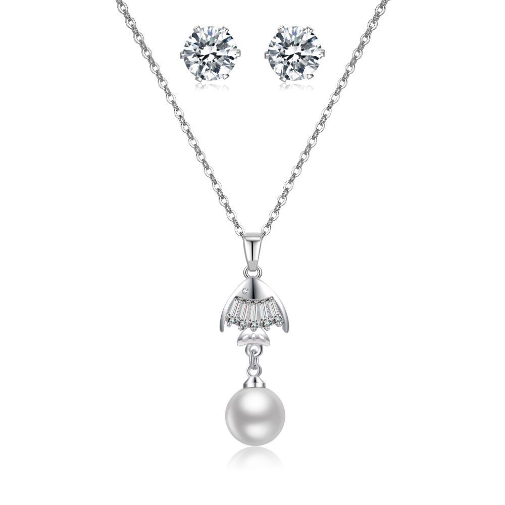 Simple Ocean Fish Shell Zircon Full Diamond Necklace Jewelry Set Versatile-DaoMao